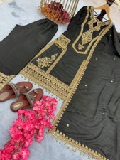 Party Wear Designer Fancy Chinnon Silk Black Color Palazzo Suit With Dupatta
