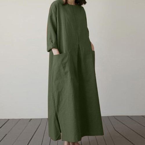 Langes Damen-Maxikleid 3/4-Ärmel Rundhalsausschnitt lässig locker Vintage Kaftan Shirt US - Bild 8 von 20
