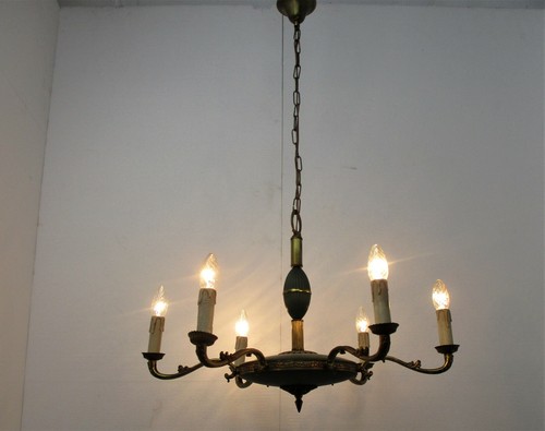 French Empire Chandelier Green Tole Brass 6 arm Hollywood Regency Toleware - Picture 2 of 8