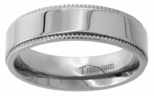 Titanium Ring Men Women Wedding Band Milgrain High Polished Flat Comfort Fit 6mm - Picture 1 of 1