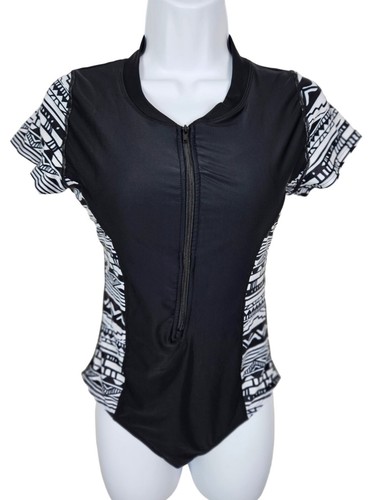 Womens Size Small One Piece Swimsuit Black & White Tribal Print Zip-Front Beach - Picture 4 of 11