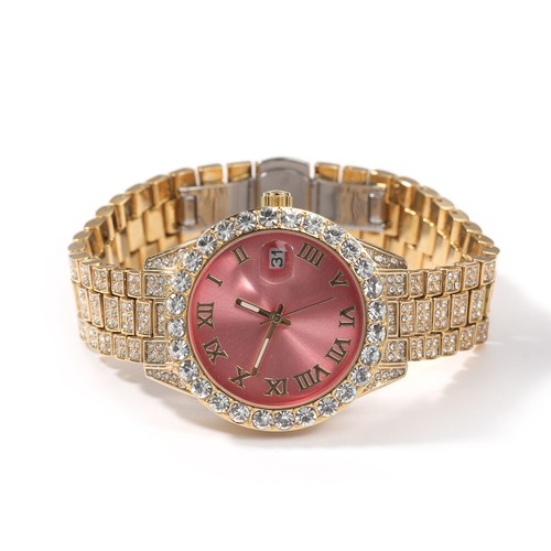 Hip Hop Gold Oberfläche Bling Unisex römische Ziffer Luxus Rapper Quarzuhr 35mm - Bild 4 von 15