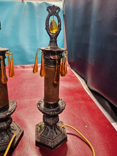 Antikes Paar Boudoir- oder Akzentlampen mit Glimmerschirmen Bernstein Prismen neu verkabelt - Bild 16 von 24
