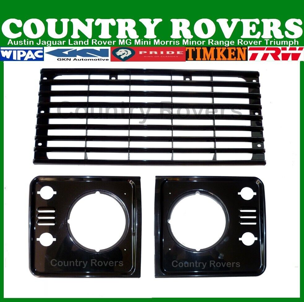 LAND ROVER DEFENDER FRONT GRILLE & HEADLIGHT SURROUNDS. GLOSS BLACK XS STYLE.