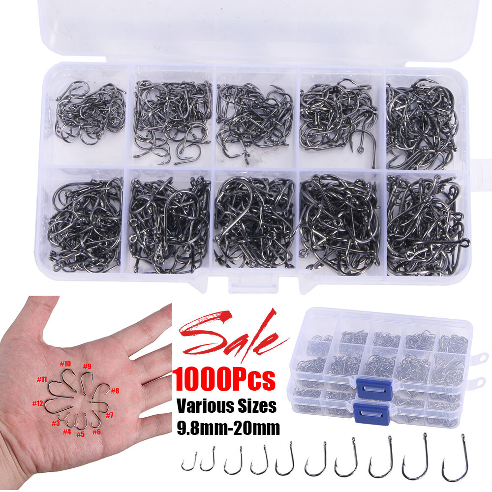1000pcs Fish Hooks 10 Sizes Fishing Black Silver Sharpened With Box Quality  Set | eBay