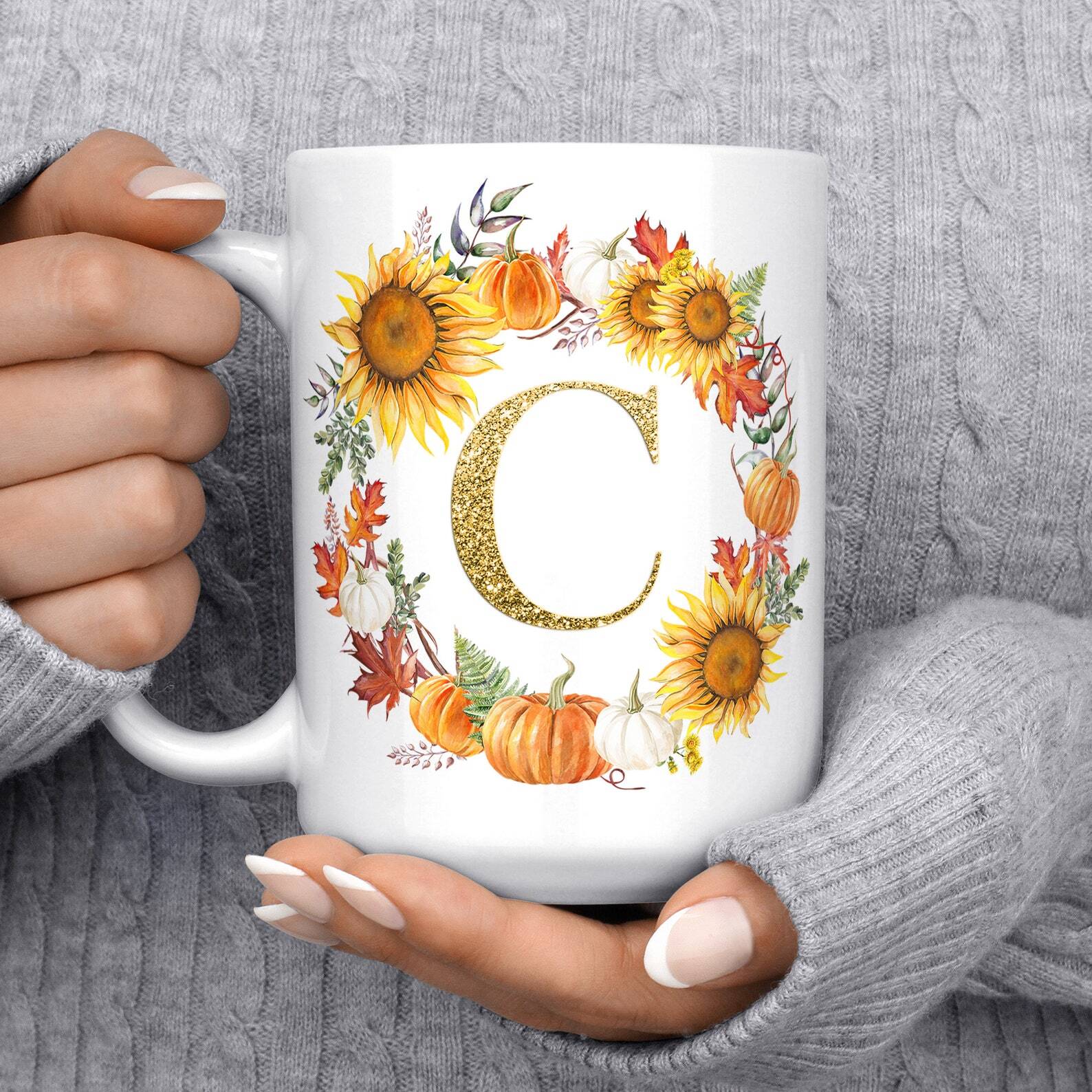 Fall Autumn Monogram Initial Coffee Mug Microwave And Dishwasher Safesunflower