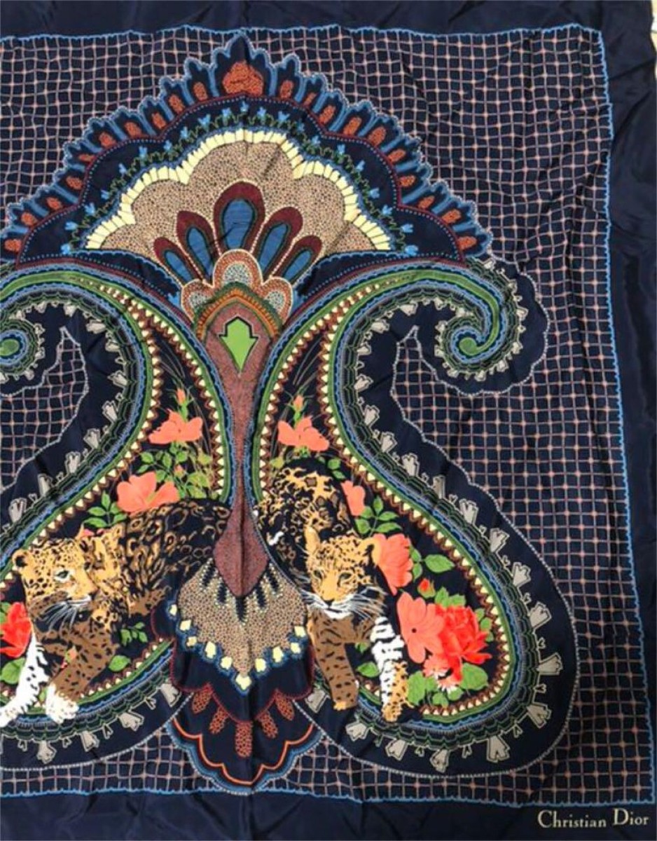 ChristianDior　スカーフ Christian Dior large scarf 77cm 30″ square silk animal navy