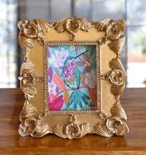 Hummingbird & Flowers watercolor print in mini gold vintage style ornate frame