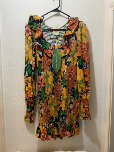 Farm Rio Women Size S Black Garden Floral Smock Balloon Sleeve Mini NEW Dress - Picture 3 of 9