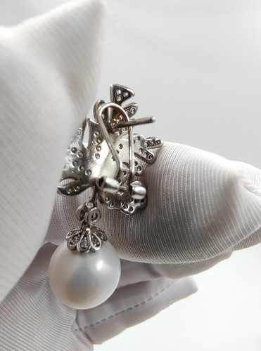 Genuine Huge 12.5mm White Pearl Earrings Moissanite Hallmark 925 Sterling Silver - Picture 15 of 21