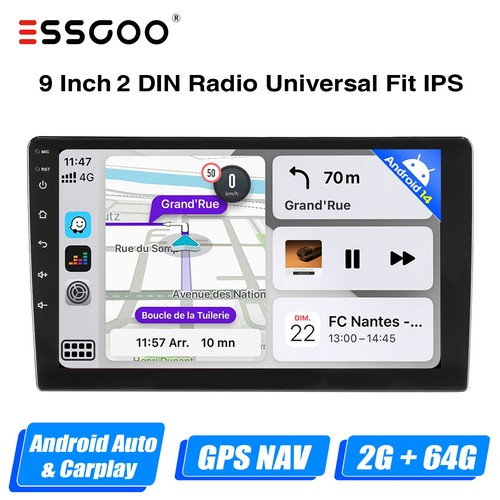 Radio de Coche Android 14 Carplay 9" Pantalla Táctil 2 DIN GPS Wifi FM RDS 64G