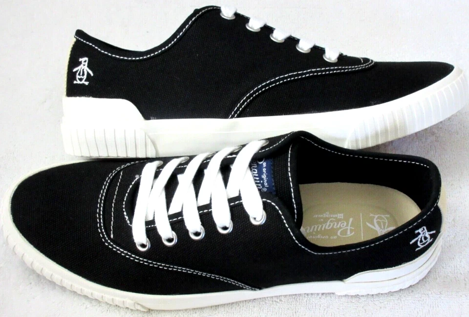 Zapatos con cordones originales Penguin para hombre Yeates U garganta lona negro blanco nuevos en caja Foto 2 de 4