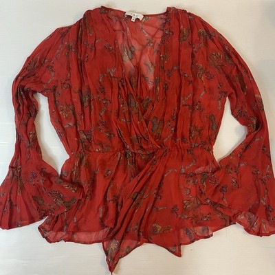 IRO Linette Red Floral Chiffon Blouse Long Bell Sleeve Surplice Deep V-Neck SZ M