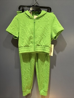 Womens Juniors Large Crop Sweat Suit Kelly Green Designer Alpha Print, NEW