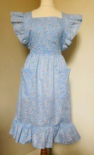 Frilly 'Blue Floral Daisy ' Vintage Style Bib Apron/Pinny (24" loop waistband).
