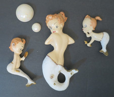 Vintage Topless Pin-Up Mermaid Chalkware Bathroom Wall Hanging Plaque 5 Pc Set