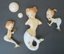 Vintage Topless Pin-Up Mermaid Chalkware Bathroom Wall Hanging Plaque 5 Pc Set