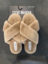 NEW Steve Madden Women XL 11-12 Brown Real Shearling Criss Cross Comfy Slippers
