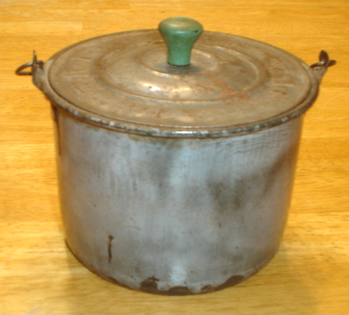 Antique Gray Enamelware / Graniteware Berry Bucket / Pail with Embossed Tin Lid