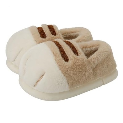 Plush cat paw slippers，non-slip soles, cozy and 10-11 Women/8.5-9.5 Men Khaki