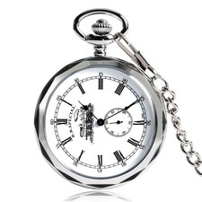 Silver Railway Open Face Mechanical Hand Winding Pocket Watch Chain Men Gift
