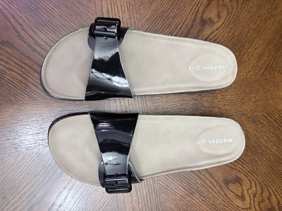 Madden Girl Women's BAALLOT Buckle Slip On SANDALS BLACK Patent Size 10