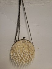 Vtg Hong Kong Purse Cream Sequins Tear Drop Dangle Beads Micro Beaded W/ Mirror