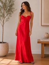 Red Satin Maxi Slip Dress Women s M Cowl Bust Tie Straps Lined Evening Party