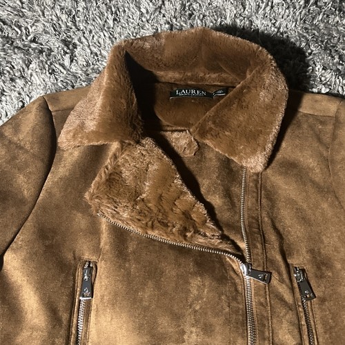 Lauren Ralph Lauren Faux Suede Moto Jacket Women's M Brown Asymmetrical Zip EUC - Picture 9 of 24