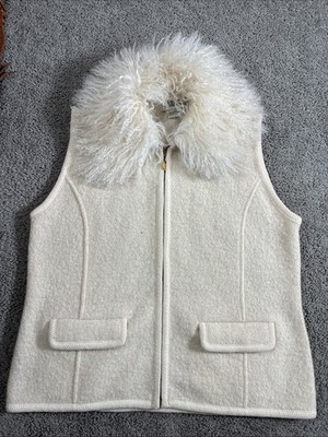 Vintage Lisa International Cream Wool Full Zip Vest Jacket Soft Curly Collar L