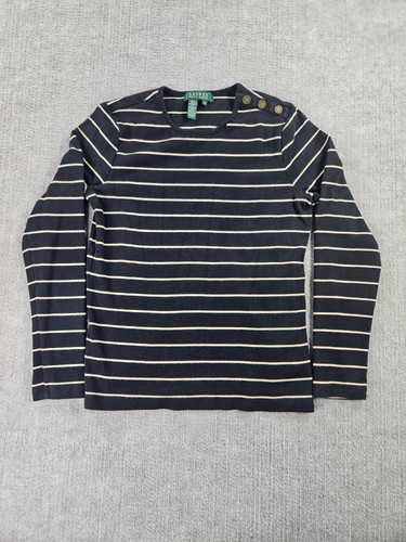 Lauren Ralph Lauren Hemd Damen Medium Navy Gestreift Knopf Schulter U-Boot-Ausschnitt - Bild 1 von 11
