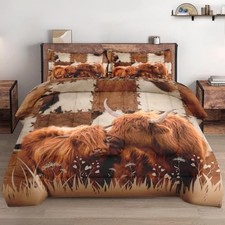 Size Comforter Set with 2 Pillowcase Brown Vintage Soft 3 Queen Highland Cow