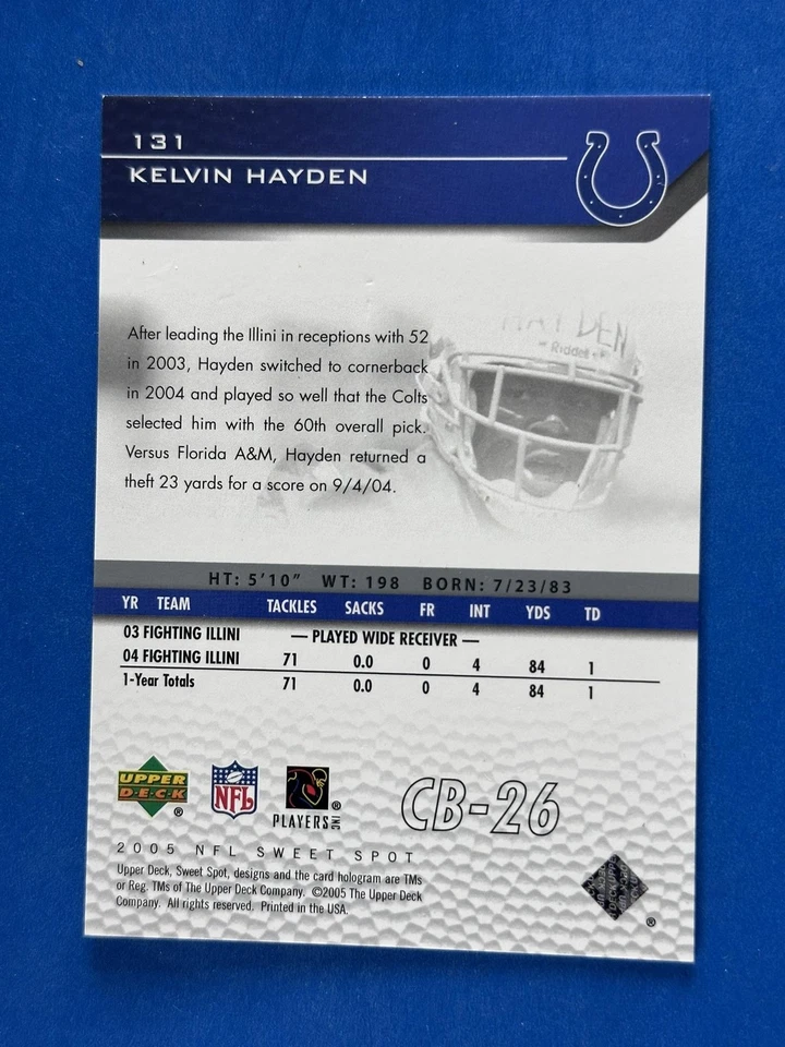 2005 Upper Deck Sweet Spot #131 Kelvin Hayden Indianapolis Colts #/899 - Image 2 of 2