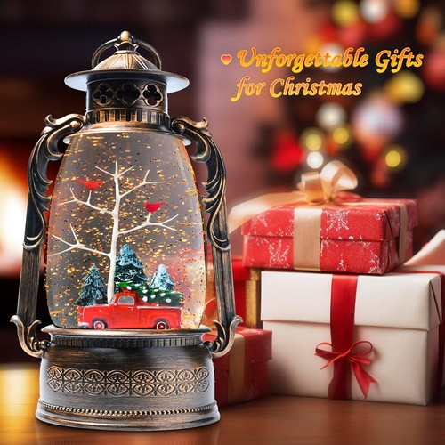 ❄️ Large Christmas Snow Globe Lantern w/ Red Truck & Cardinals – Lighted Musical - Foto 2 di 6