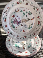 Vintage Old White Christmas Farm House Town Farberware 10.5" Dinner Plates Set 4