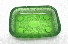 Depression Green Glass Open Salt Dip Leaves and Deco Design 3.5 x 1 3/4 x 1/2