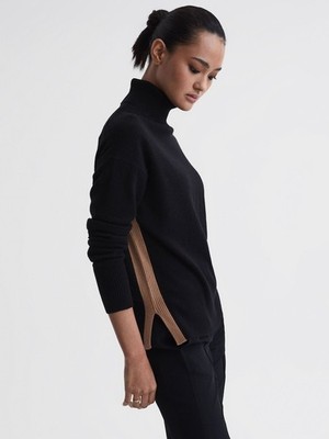 Rollkragenpullover Reiss schwarz/camel Alexis Wollmischung
