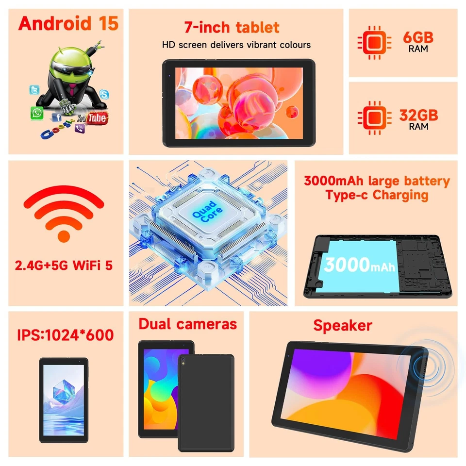 Tablet 7 inch Android 15.0 Tablet, 6GB+32GB ROM （1TB Expand）, Quad-Core, WiFi... - Image 3 of 4