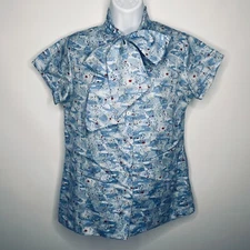 Vintage 80s Does 50s Laura Mae Blue Red Floral Pussy Bow Secretary Blouse Size M