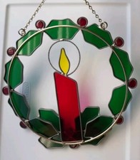 Vintage Stained Glass Christmas Suncatchers Wreath Holly Berries Wall Hanging