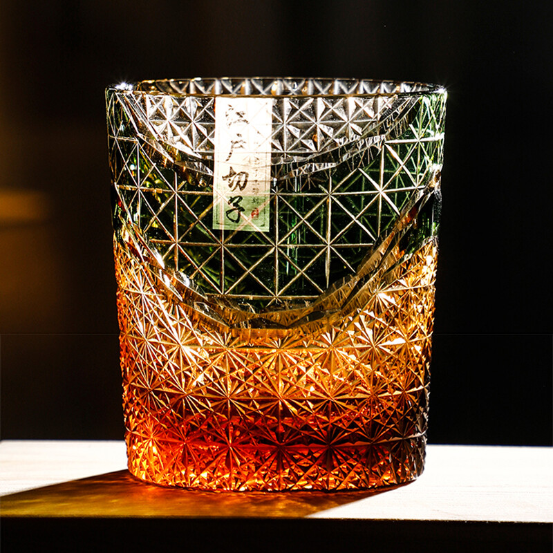 Vaso de whisky J38 Edo Kiriko 9 onzas ámbar verde cristal vidrio bourbon vasos