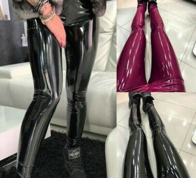 Women High Waist Stretchy Shiny Wet Vinyl Leather Skinny Pants Trousers Leggings