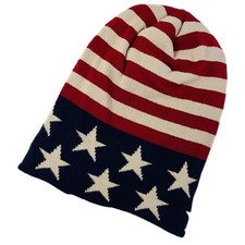 USA Flag Stripes Stars Winter Knit Fur lined Beanie Hat Red Blue Beige