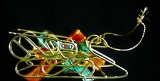 EUC Brass Plated Ornament - Sleigh Trimmed with Red & Green Ribbons 3.38" Wode 
