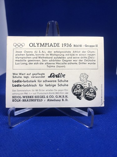 1936 Sidol Werke Jesse Owens RC Long Jump Olympic Games German Card #61 RARE - Picture 8 of 12