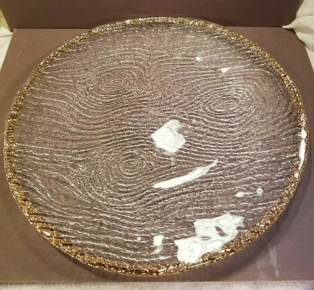 Large Clear Textured Glass Gold Trim Serving Platter 16 1/4" Pebble