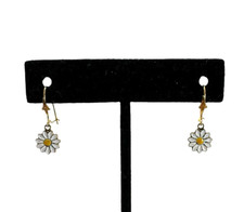 Solid 14K Yellow Gold Enameled Daisy Dangle Earrings
