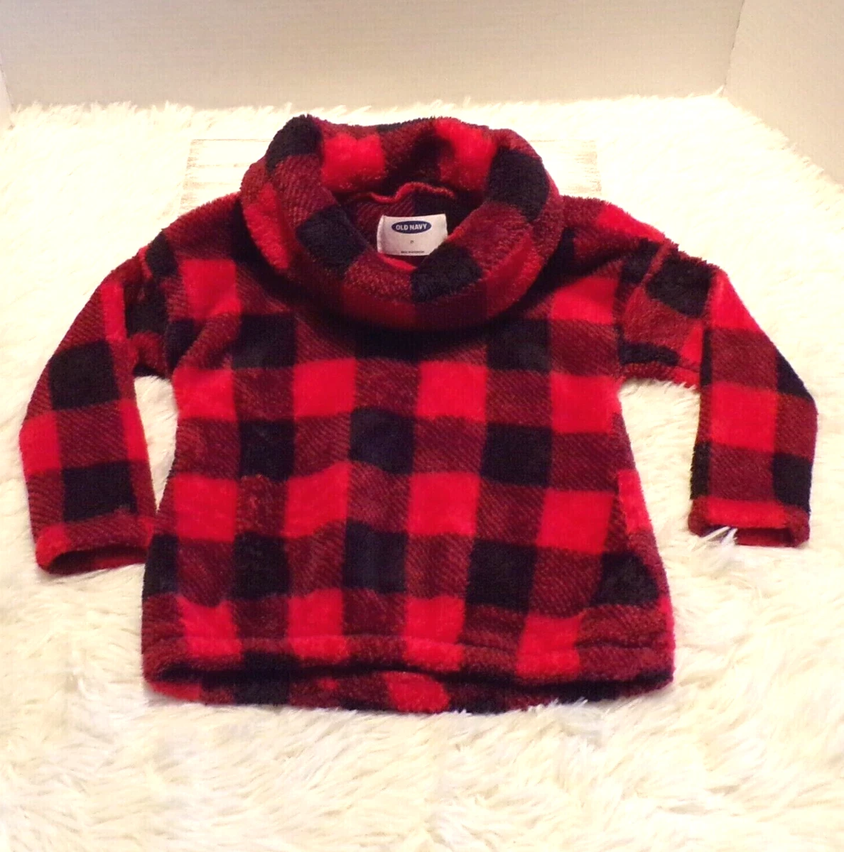 Old Navy Buffalo Plaid Fleece Sweater Girls 2T Red Black Fold Over