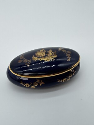 Vintage F.M. Limoges France Decor Main Label De Qualite Oval Trinket Box