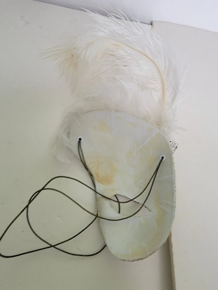 Mardi Gras Mask 1/2 Face Silver/White Lame" Fabric Feathers Sequin & Bead Trim - Image 2 of 4